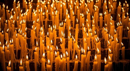 Experience the warm glow of candlelight with this dramatic display of many burning candles for sacred occasions or peaceful moments