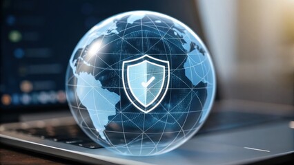 Holographic shield icon protecting digital globe network futuristic cyber security concept