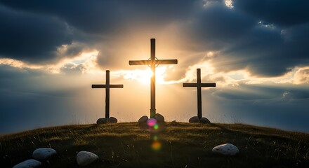 Three crosses stand on a hilltop silhouetted against a stunning sunset sky symbolizing faith, hope, and remembrance this Easter season