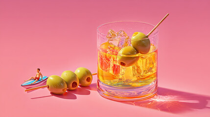 Surreal summer cocktail composition with olives on a skewer and a tiny miniature swimmer, artistic food and beverage branding concept