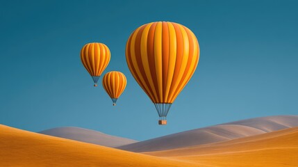 Colorful Hot Air Balloons Floating Above Desert Dunes Under Clear Blue Sky, Creating a Serene and Enchanting Landscape Scene for Travelers and Adventurers