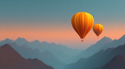 Fototapeta premium Scenic View of Colorful Hot Air Balloons Floating Above Majestic Mountains Under a Clear Sky During Sunset, Capturing the Serene Beauty of Nature and Adventure Together