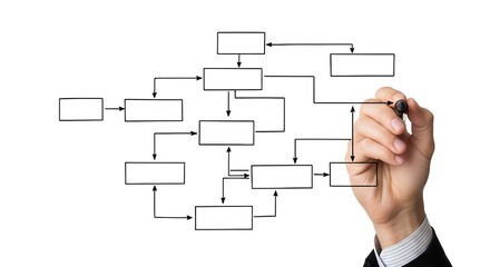 Brainstorming innovative business strategies and project planning with a flow chart for team collaboration and process improvement
