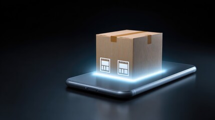 Digital package delivery concept showcasing a smartphone with a glowing box symbolizing modern e-commerce solutions and online shopping experiences in a dark environment