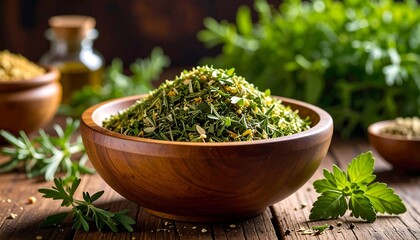 Fresh Herbs Mix in Wooden Bowl on Rustic Table for Culinary Delights.
