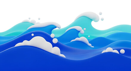 Stylized illustration of ocean waves with white foam crests, rendered in shades of blue and teal against a white background.