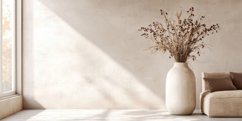 Fototapeta premium A beige wall with a vase holding dried flowers, a beige sofa with pillows, and a window with sunlight streaming in.