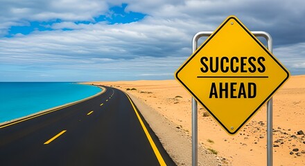 Embark on your journey towards triumph with a clear road and a sign promising success ahead