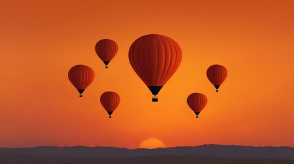 Fototapeta premium Colorful hot air balloons against a vibrant sunset sky, creating a stunning scene of adventure and tranquility in the open air, perfect for travel and exploration themes.