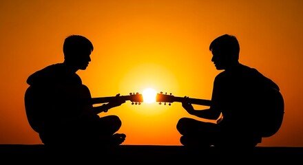 Two silhouetted friends share a musical moment playing guitars together against a vibrant sunset sky