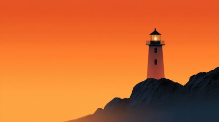 Serene Sunset Over an Isolated Lighthouse Standing Tall on Rocky Shoreline Surrounded by Calm Ocean Waves Under a Warm Orange Sky