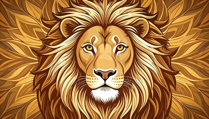 Obraz premium Majestic stylized lion portrait with ornate mane and detailed background, evoking power and regality, golden tones