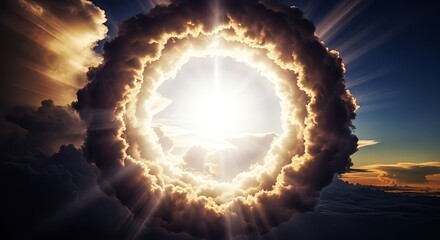 Experience divine enlightenment as radiant sunbeams pierce through dramatic, swirling storm clouds forming a heavenly portal