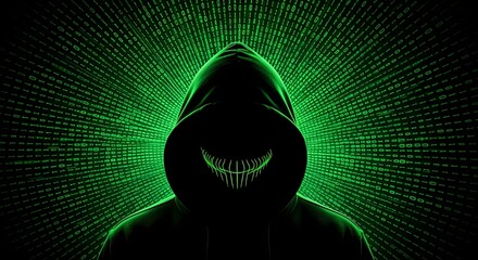 Sinister hacker shrouded in darkness with glowing green binary code radiating outwards, embodying digital threat and anonymity