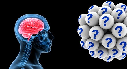 Human brain in profile facing a cluster of white spheres with blue question marks, symbolizing confusion and inquiry