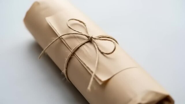Rolled parchment tied with twine, resting on a smooth surface, evoking a sense of nostalgia