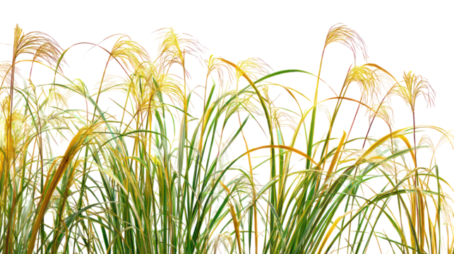 Tall green grass stalks with seed heads illuminated at night isolated on transparent background