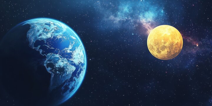 Earth and yellow planet in cosmic space with stars and nebula, featuring blue galaxy background and vibrant stellar elements in digital art style. - Powered by Adobe