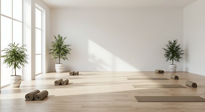 Empty yoga studio with sunlight and plants for wellness and relaxation - Powered by Adobe