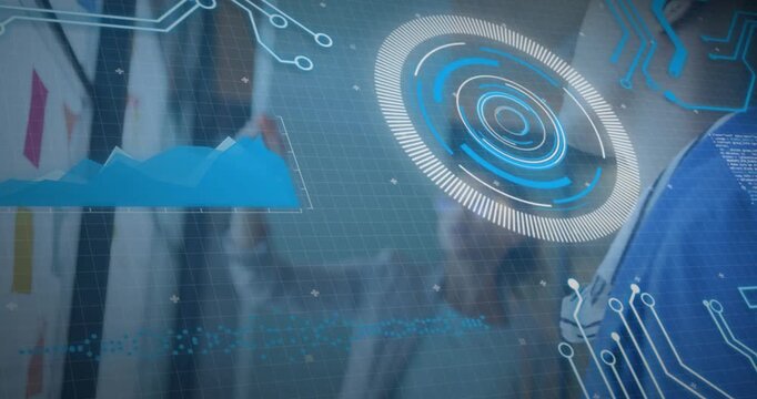 Lab team tapping transparent display and analyzing circular data graphs for collaborative decision - Powered by Adobe
