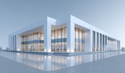 A modern white building with large glass windows and a reflective water area in front, showcasing contemporary architectural design.