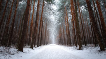 Naklejka premium Serene Winter Landscape in a Snow-Covered Pine Forest with Tall Trees Aligned on Both Sides Creating a Peaceful and Tranquil Pathway for Adventurers and Nature Lovers
