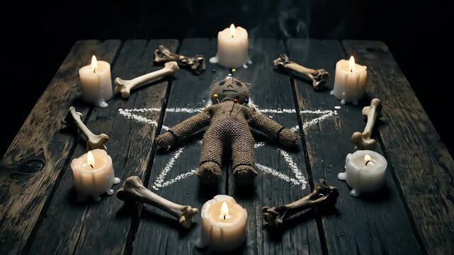 dark voodoo doll ritual with pins candles bones