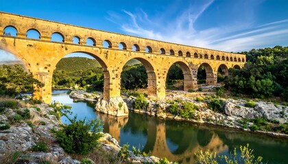 Ancient stone bridge over a river, sunrise view