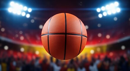Fototapeta premium Basketball in mid- over a vibrant, blurred stadium with bright spotlights illuminating the energetic crowd