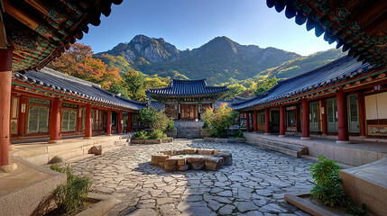 Traditional Korean house courtyard with stone pathways and tiled roofs, red wooden columns supporting covered walkways around a central stone patio