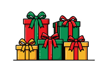 Illustration of stacked Christmas gifts with bows in red, green, and gold.