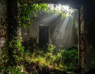 Sunbeams in a ruined room overgrown with plants