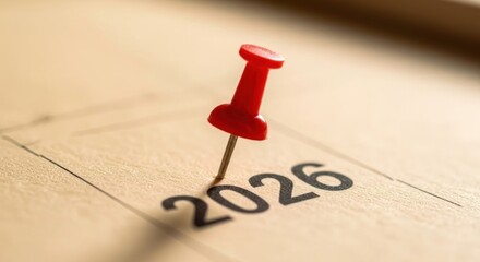 Red Push Pin Marking the Year 2026 on a Beige Calendar Surface, Symbolizing Future Planning, Goals, and Important Dates for Business and Personal Endeavors