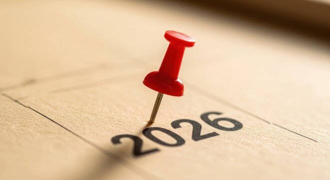 Red Push Pin Marking the Year 2026 on a Beige Calendar Surface, Symbolizing Future Planning, Goals, and Important Dates for Business and Personal Endeavors