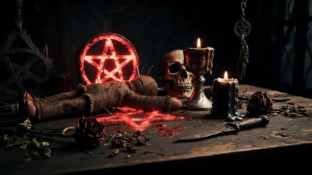voodoo doll occult ritual with skull and pentagram