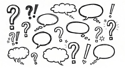 Doodle background question marks, exclamation points, and speech bubbles
