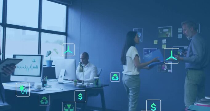 Woman presenting wall charts explaining trends to team, starting eco icons for energy analysis