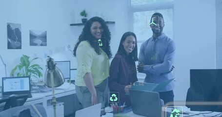 Project team analyzing sustainability data after green icons fading in and guiding discussion - Powered by Adobe