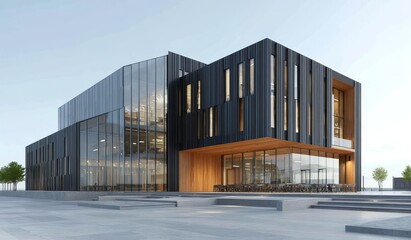 Obraz premium A modern office building with glass and black facade showcasing contemporary architecture and open space design.