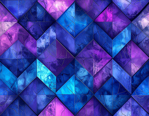 Abstract geometric pattern with blue, purple, and pink triangles arranged in a textured, mosaic-like design.