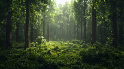 Fototapeta premium A dense forest with tall trees and lush green foliage illuminated by sunlight filtering through the canopy
