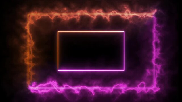 Glowing neon rectangular frames with electric energy effect on dark futuristic background
