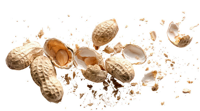 Several opened peanut shells with kernels scattered isolated on transparent background