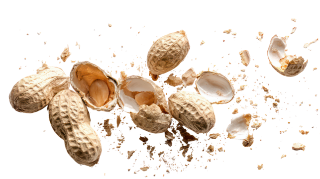 Several opened peanut shells with kernels scattered isolated on transparent background