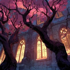 A Gothic-style building with stained glass windows, surrounded by trees with pink and purple leaves, casting a shadow on the building's facade.