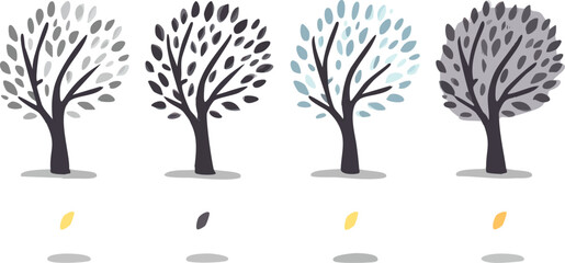 four stylized trees with different leaves arranged in a row