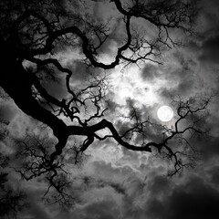 A dark, leafless tree with twisted branches reaching towards the moon in a cloudy sky, with a full moon shining through the clouds.