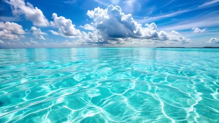 Tranquil turquoise ocean water with dynamic clouds and sunlight reflecting on the surface a beautiful tropical paradise scene