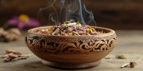 A wooden bowl filled with herbs and spices, emitting a faint smoke, placed on a rustic wooden table with a blurred background of flowers and leaves.