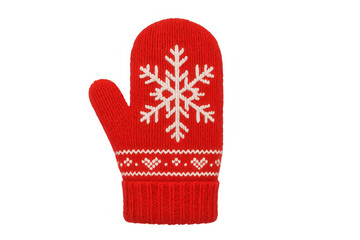 Festive red knitted mitten featuring a white snowflake design with a fair isle pattern, providing warmth. Transparent background